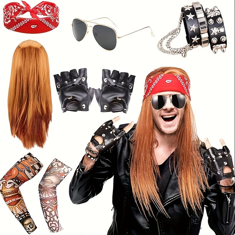 

Men's Punk Rock Costume Set - Includes Wig, Bandana, Fashion Glasses, Arm Bands, Gloves & Bracelet - Black Polyester Streetwear Accessories