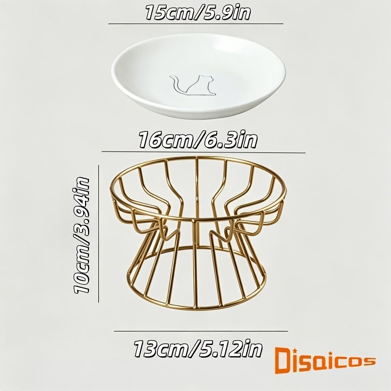 TEMU Luxury-lite Golden Bowl Holder And Ceramic Bowl Set, 15cm Diameter Shallow Bowl, Protects Neck From Bending , Suitable For Small Cats And Dogs,