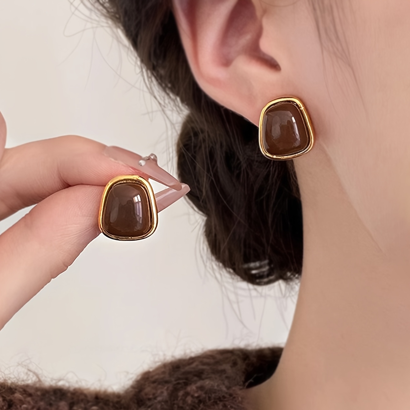 5-Pair Vintage Coffee Brown Geometric Irregular Square Earrings