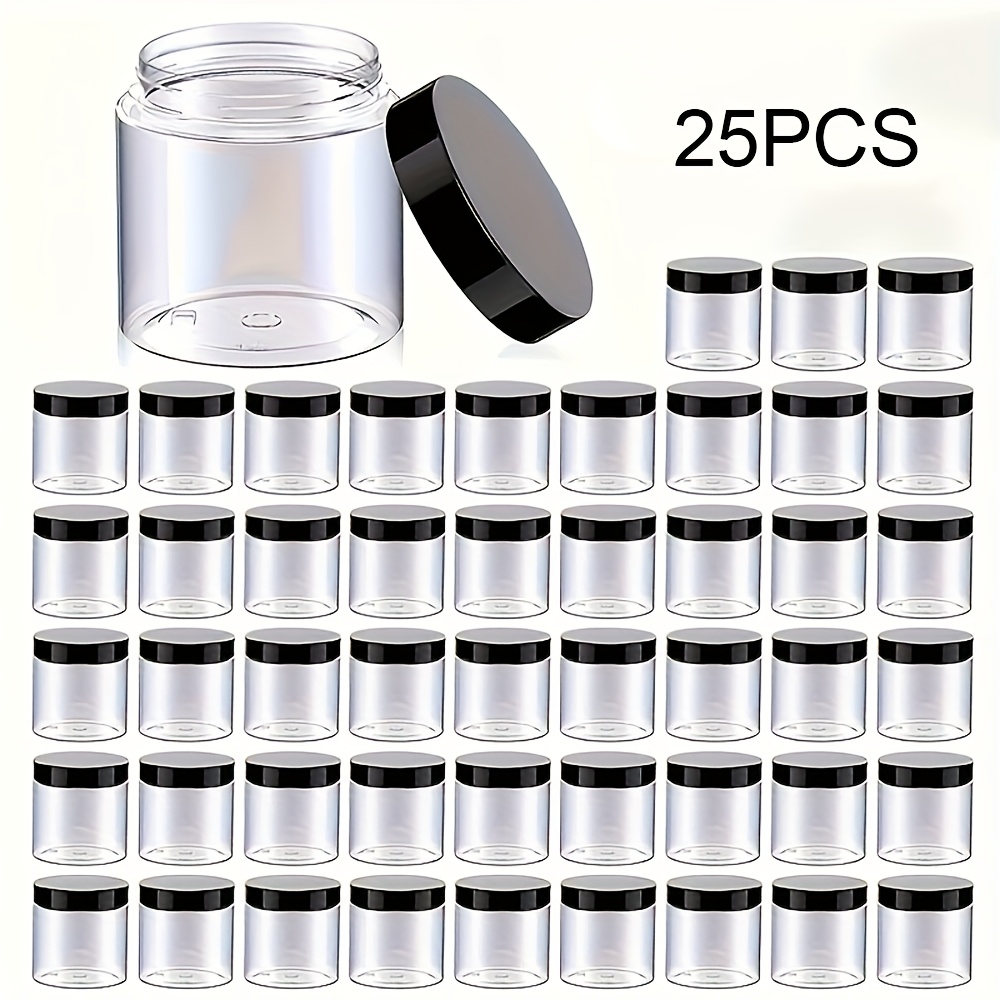 TEMU 25pcs 4oz (about 113.4g) Plastic Containers With Black Lids,, Empty Round Transparent Slime Jars, Suitable For Lotions, Creams, Ointments, Body