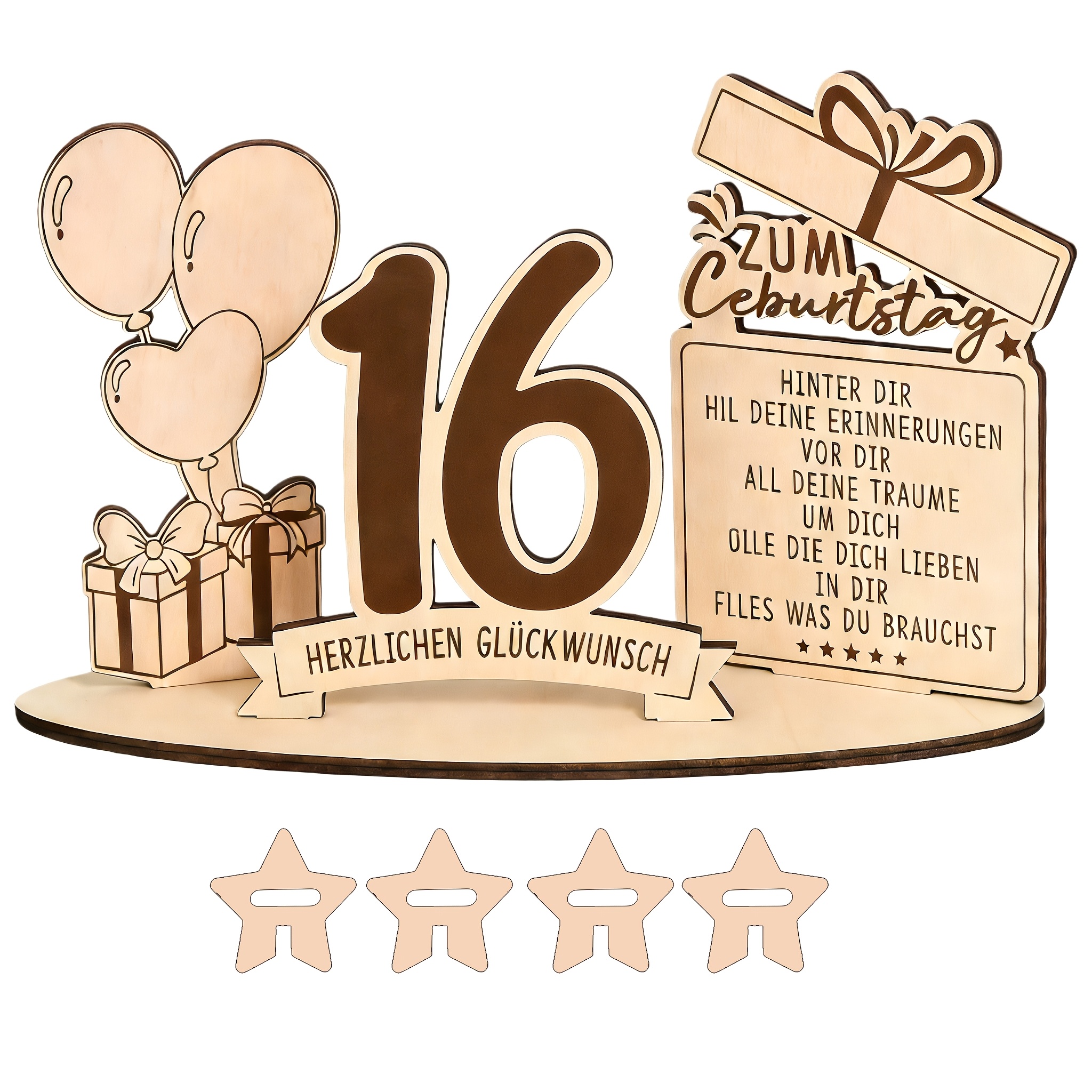 E-shop ., Holz-Nachrichtenbuch mit Nummer-16-Schild, Innendekoration für den Schreibtisch, mit Geschenkbox- Ballon-Elementen, deutschen Grüßen,