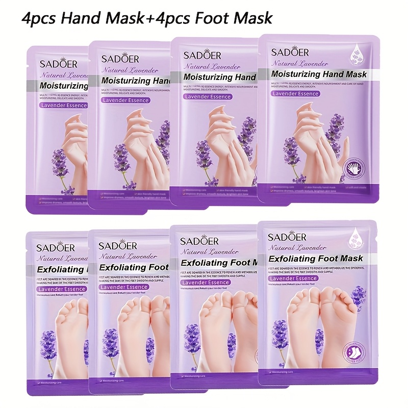TEMU 8pcs Hand And - 4 Gloves & 4 Socks Dry Hands, Hand And Foot Mask With Lavender , Deep Moisturizing, Physical Exfoliating, Hand And Foot Care, Ideal Gift For Day, Body Mask