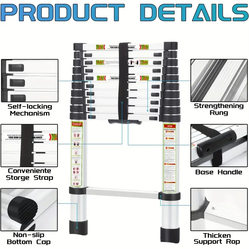 telescoping ladder attic ladder heavy duty aluminum with non slip feet 330lb capacity for rv attic roof multi surface use details 2