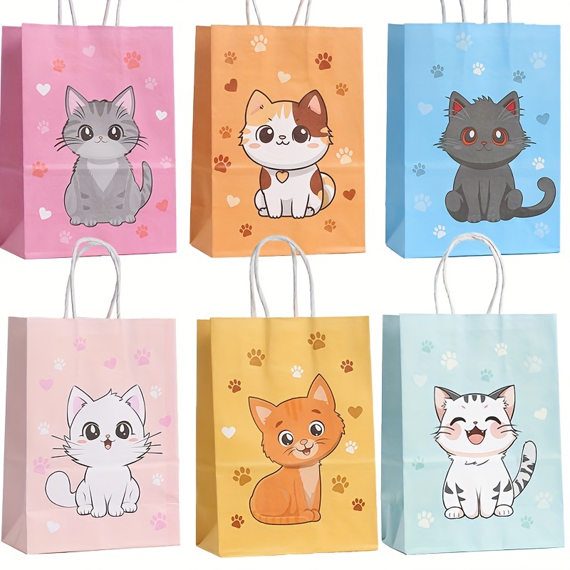 

12pcs/24pcs, Kraft Paper Tote Bag, Cartoon Kitten Theme, Suitable For Birthday Gift Bags, Party Gift Gift Bags, Storage Bags, Shopping Bags