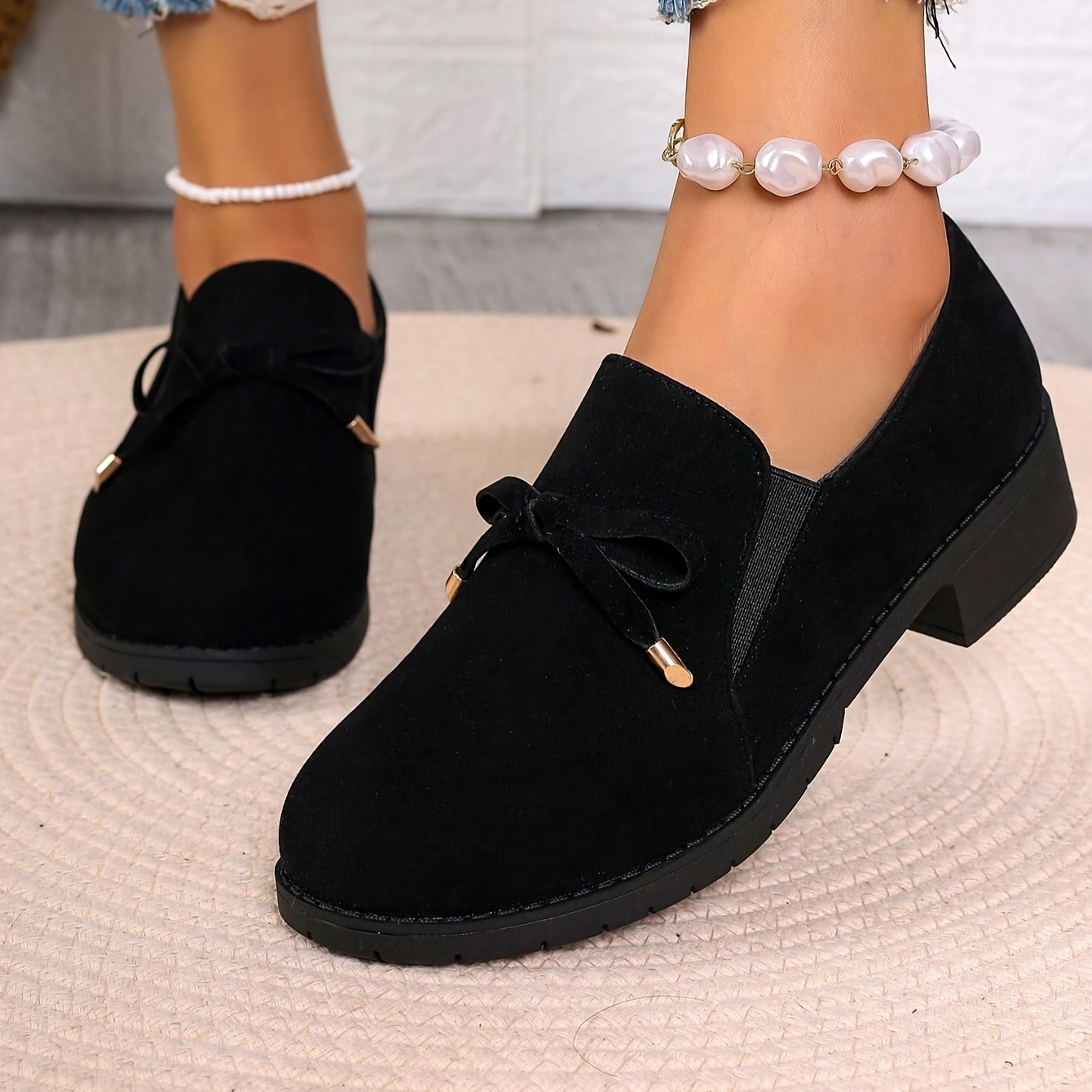 women's retro bowknot loafers black fabric slip casual shoes