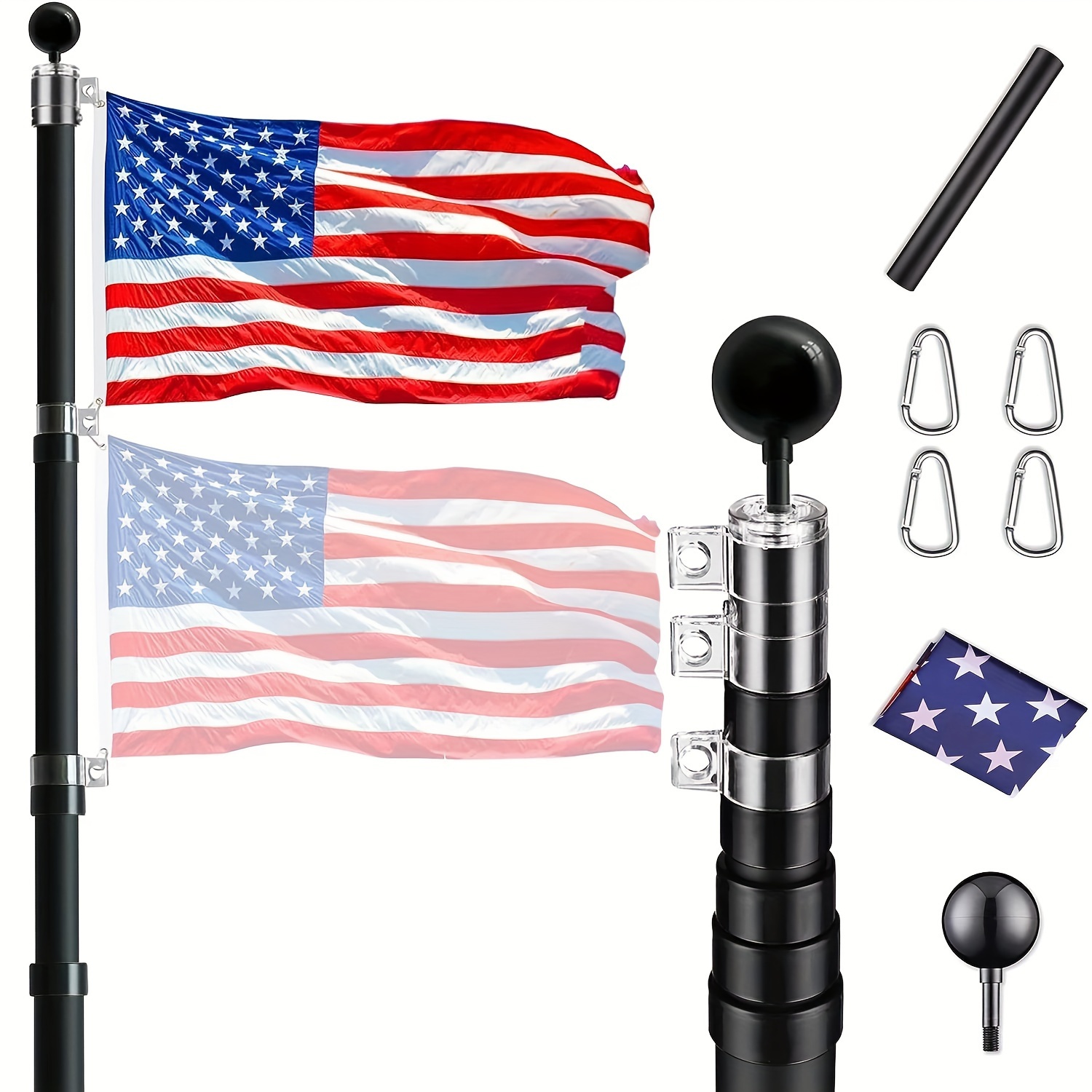 

30ft Aluminum Telescopic Flag Pole Tube & Sectional Flagpole Ball Kit And American Flag Outdoor