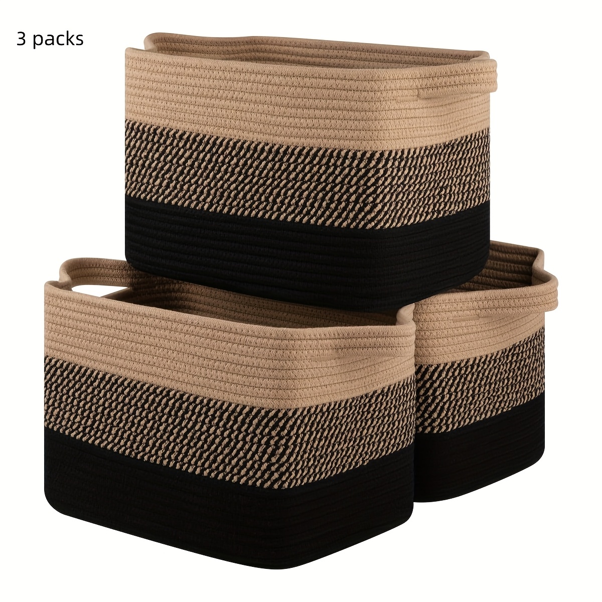 3pcs Woven Storage Baskets With Black & Beige Stripes - Organizer Bins For Blankets, Towels, And Shelves - Perfect For Living Room, Bathroom, Or Shelf Organization, Shelf Baskets