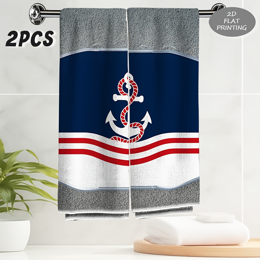 TEMU 2pcs Towel, 2d Flat Navy Blue Anchor With Red Rope Themed Printed Pattern Towel, Exquisite Towel, Holiday Gift, Fine , Comfortable And