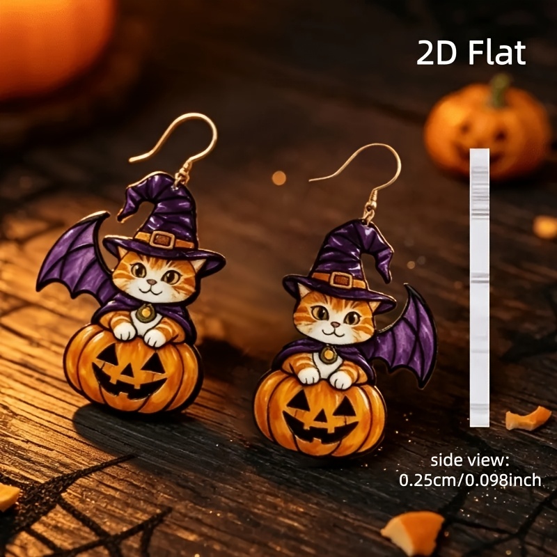 TEMU 2d Flat, Readkiss Women' 2d Flat Acrylic Cat Bat & Pumpkin Drop Earrings - K Plated Suitable For Halloween Party Jewelry, Costume, Wear, Daily