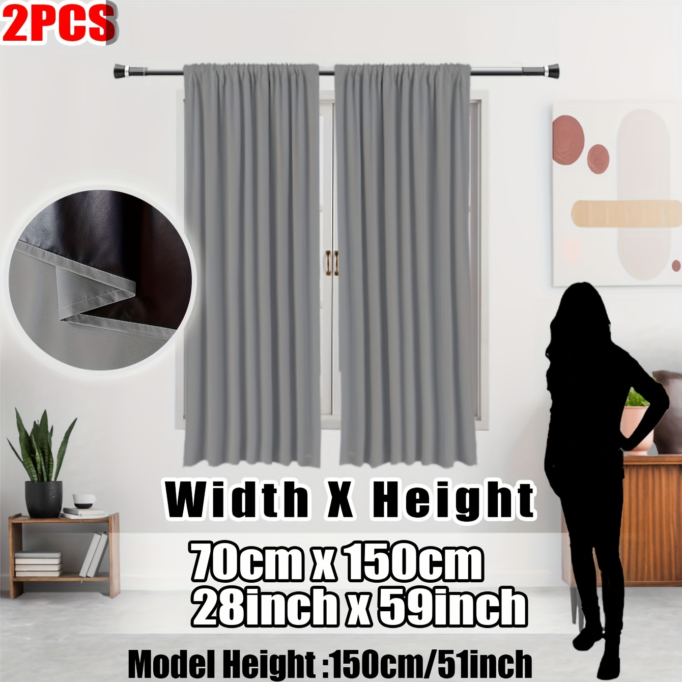 TEMU Pack Of 2, Classic Solid Color 100% Blackout Kitchen Curtains, 8 Colors , Top Rod Pocket, Black Lined Coating, Protection, Privacy Protection, ,