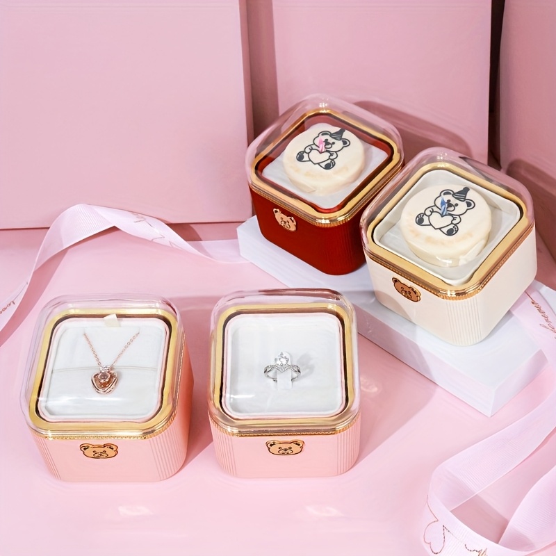 automatic rotating bear cake candle jewelry box rounded corner flip cake     jewelry storage box romantic valentines day gift birthday ring necklace jewelry packaging box christmas gift