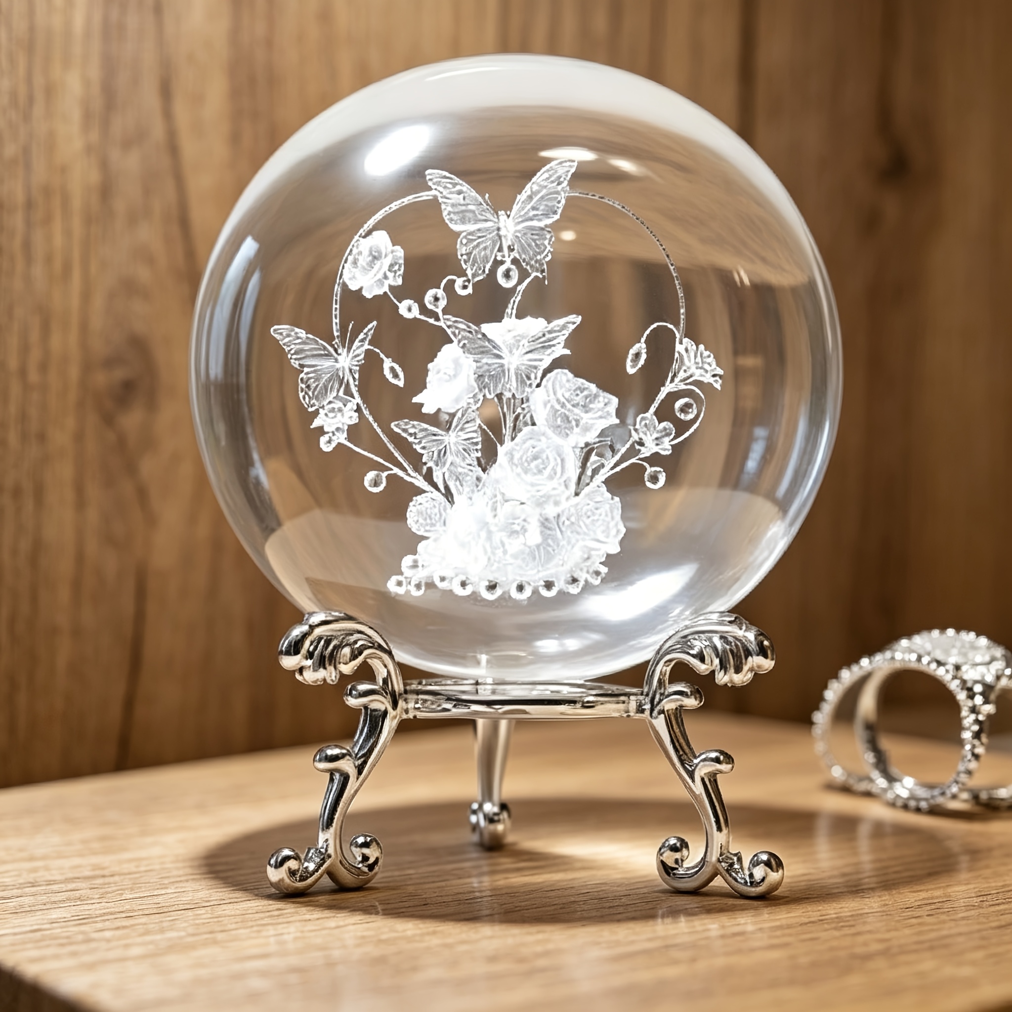 TEMU Boule de cristal papillon rose sculptée intérieurement 3D avec base en métal, ornement décoratif en verre de 60 mm, thème , cadeau , convient