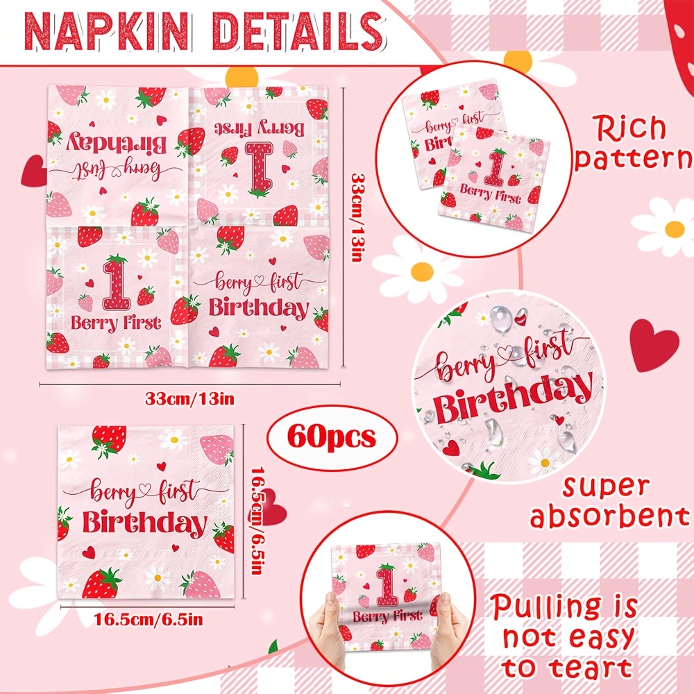 TEMU 20/40/60 Stk. Erdbeer-Servietten zum 1. Geburtstag, geeignet für Babyparty & 1. Party-Dekoration – Einweg-Papierservietten mit Erdbeer-