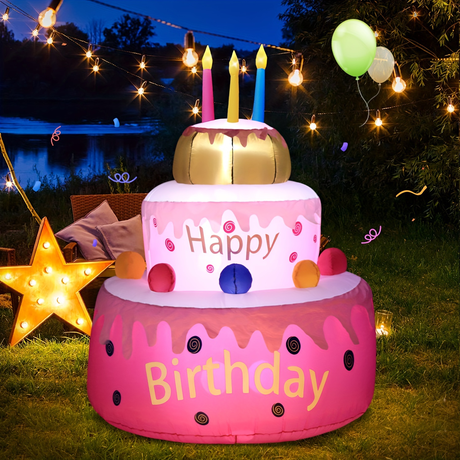 

5.5ft Large Inflatables Birthday Cake Outdoor Decorations With Candles, Build-in Led Lights, For Happy Birthday Party Outdoor, Indoor, Garden Yard Lawn Decor