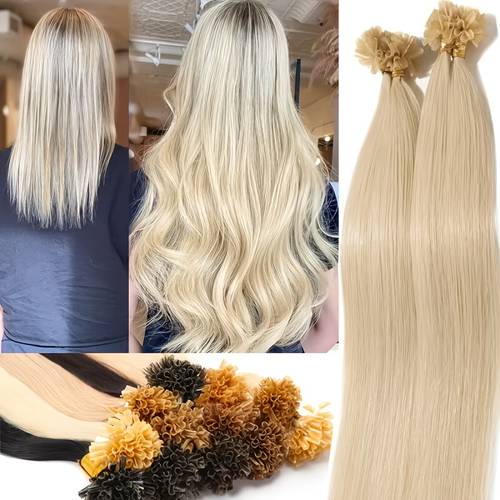 снимка на артикул 30 коси (30g) естествени човешки коси u tip екстеншъни - ружово , предварително залепени кератинови добавки за коса, коса за обем и дължина, поставяне, естествен вид, коса за жени
