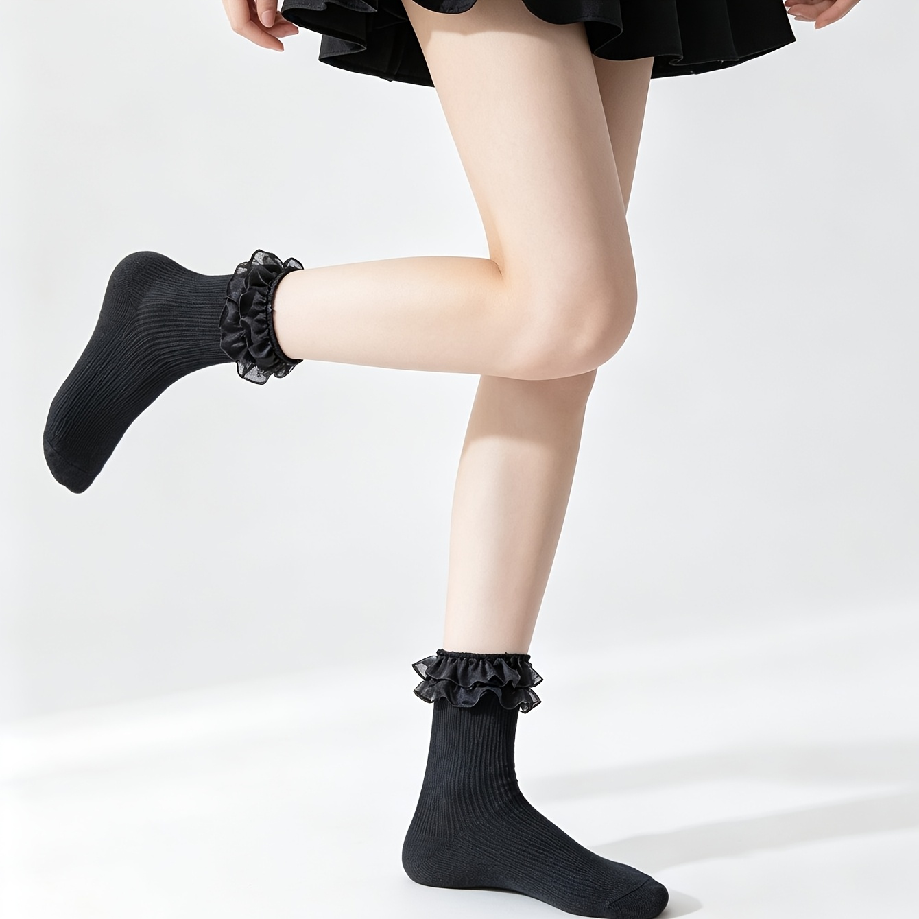 TEMU 1 Pair Black Layered Mesh Mid-calf Socks Women's Vertical Striped Slimming Socks Sweet Scrunch Socks Matching Loafers Retro Girly All-match