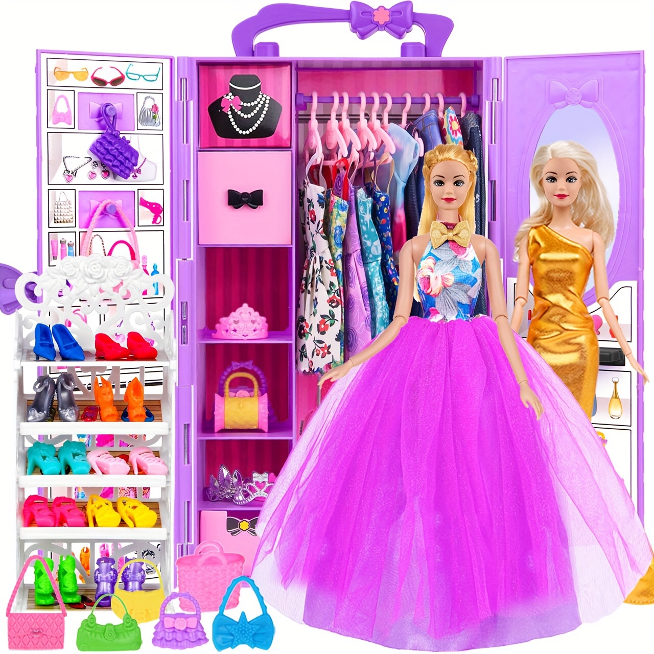 

101pcs 11.5 Inch Girl Doll With Doll Closet Playest Including Princess Dress, Outfits, Shoes Rack, Dress, Shoes, Hangers Accessories (one Doll)