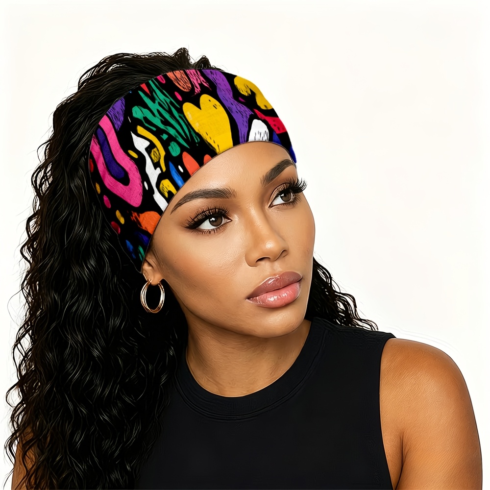 TEMU 2d Flat Colorful Graffiti Style Floral Heart Abstract Pattern Hair Band, Yoga / Gym / Running / Cycling, Travel / Picnic / Beach, Non-slip /
