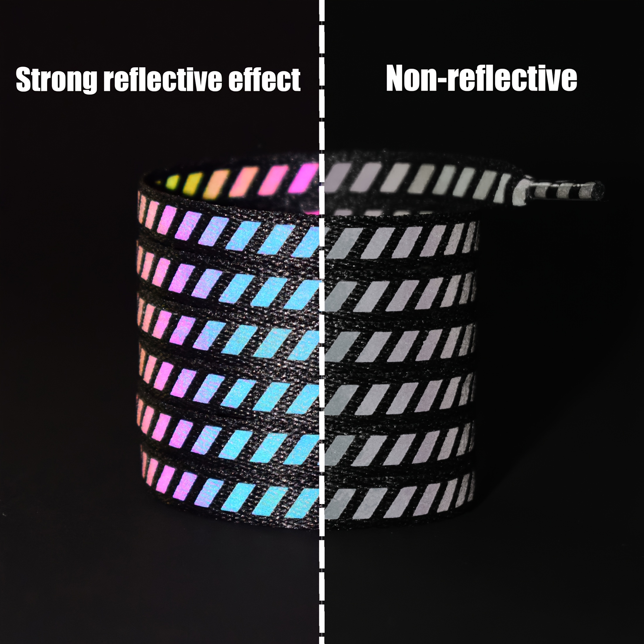 A Pair Of Flat Casual Shoelaces With Reflective Diagonal Stripes, Which Have Better Visibility At Night, Without Battery
