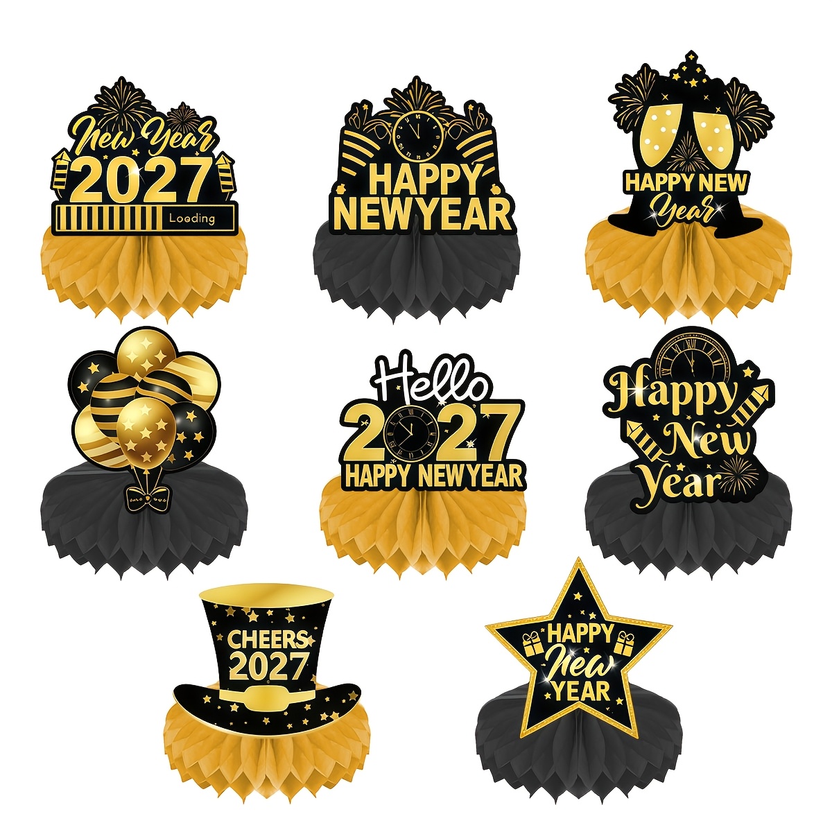 TEMU Zwarte Gouden 2027 Nieuwjaar Honingraat Tafeldecoratie Set van 8, Fijne Nieuwjaar NYE Tafelstukken, Multi- Vrijstaande Desktop Ornamenten voor