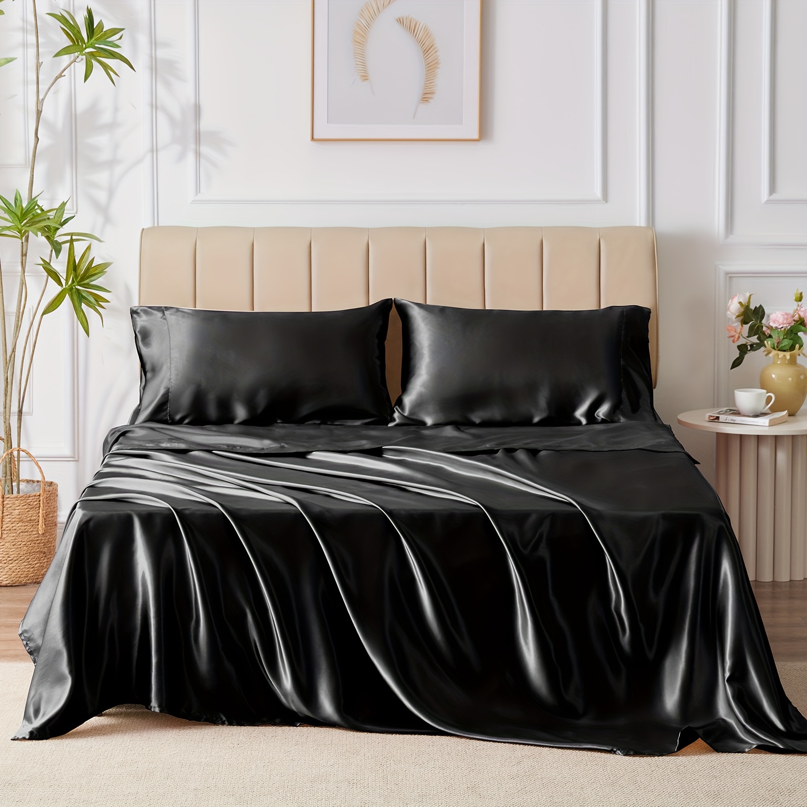 

4pcs Satin Sheets, Bed Sheet Set With Silky Microfiber, 1 Deep Pocket Fitted Sheet, 1 Flat Sheet, And 2 Pillowcases - Smooth And Soft