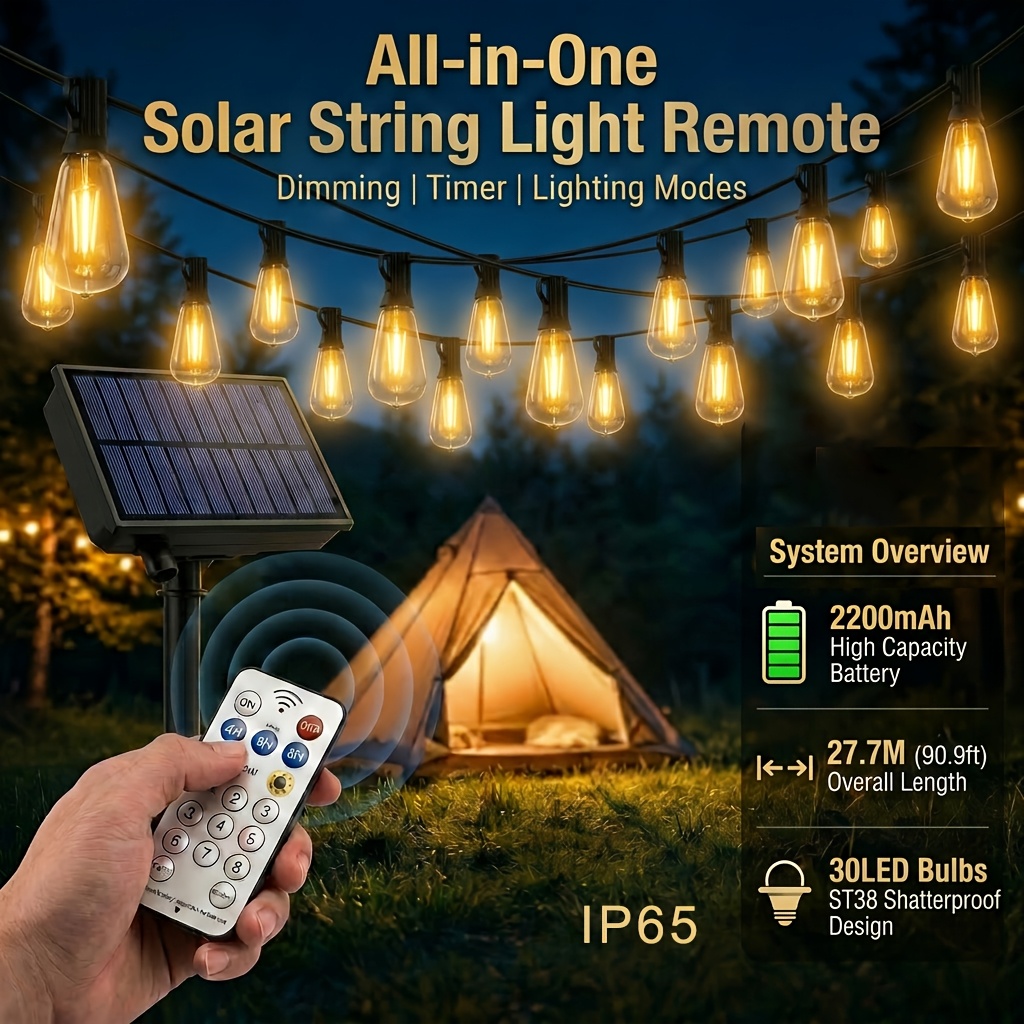 15/30 Led Solar String Light With Remote Control, 13.5m/27.7m St38 Shatterproof Bulb, Ip65, 2200mah, 8 Lighting Timer Function, Warm White Outdoor Fairy Light For Party Balcony Decoration