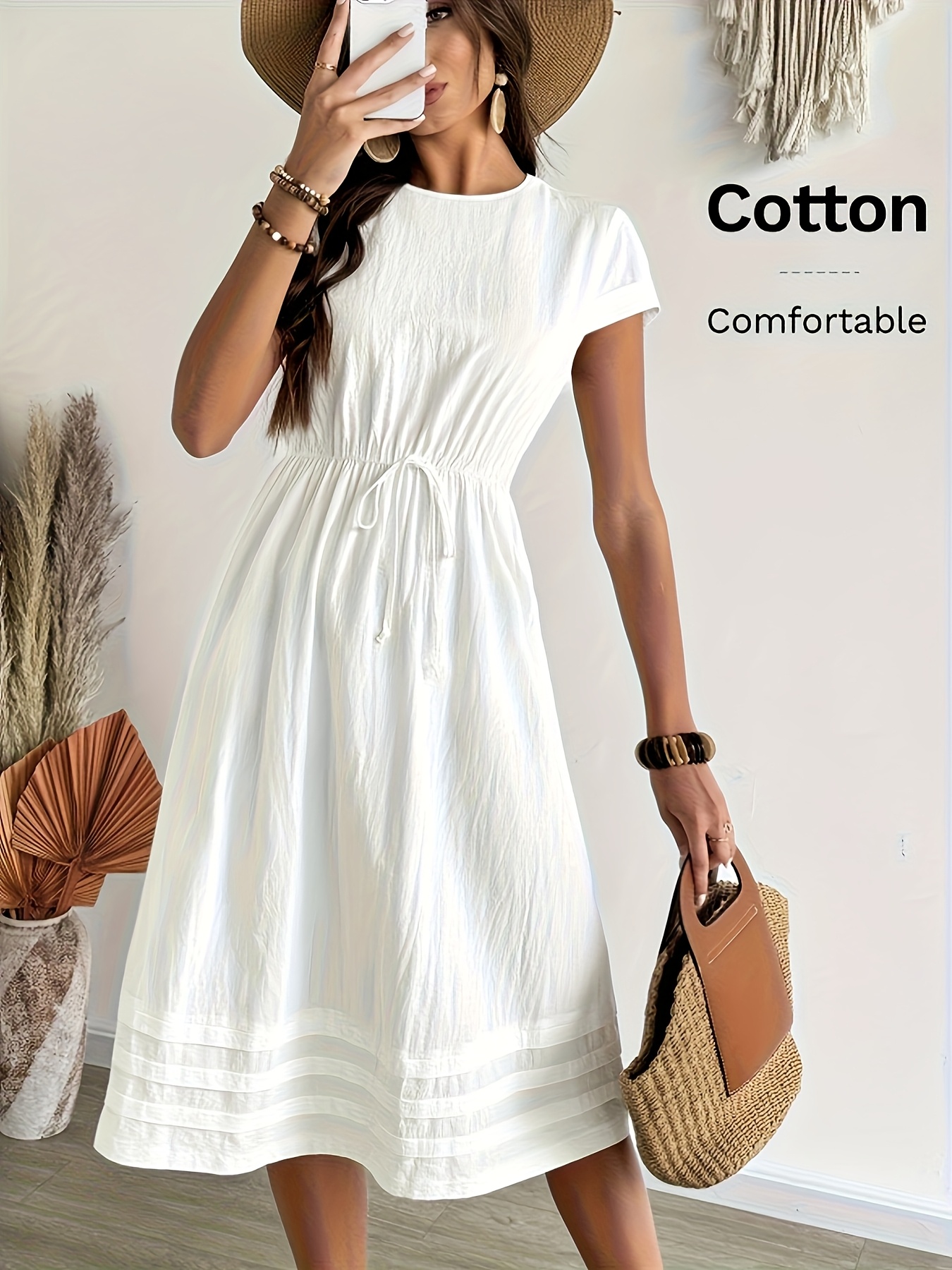 Women'S Casual Solid Color Drawstring Waist Skirt, Very Suitable for Daily  Leisure And Vacation Wear, Bohemian Style, Summer Women'S 100% Dress,  Women'* Color Dress (White Semi-Transparent)