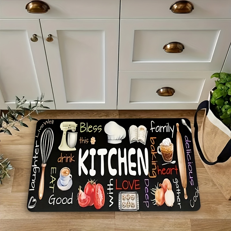 1pc Thick 1.1cm Kitchen Floor Mat With Kitchen Utensil Pattern Print, Thickened Polyester Fiber Mat For Kitchen, Living Room, Porch, Balcony And Home Decoration