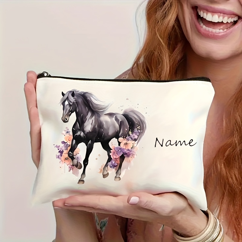 Image of Custom Horse-drawn Handbag, Large Capacity Fashionable Leisure White Polyester Fiber, With Zipper Closure, Of Personalized Name Patterns From Suitable For Outdoor Travel Holiday Gifts, And Wind