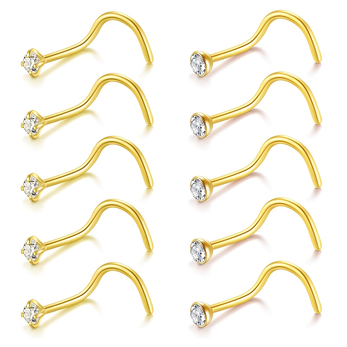 TEMU 10pcs 20g Surgical Stainless Steel Nose Rings Studs Piercing For Women Men 2mm Tiny Round Cz S Shaped Corkscrew Nose Piercing Studs