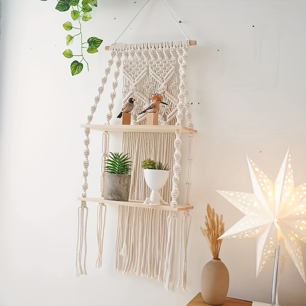 

Bohemian Style Macrame Wall Hanging With 2 Shelves: Perfect For Living Room, Bedroom, Bathroom, Or Office Decor