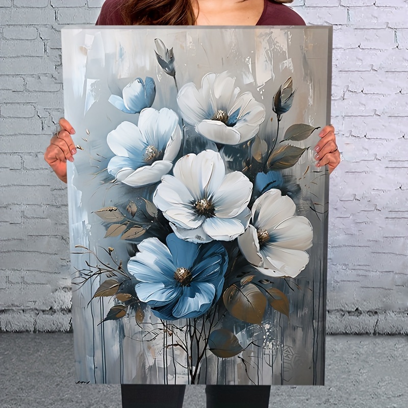 

1pc2d Wooden Framed Canvas Painting Blue White Flowers Wall Art Prints For Home Decoration, Living Room & Bedroom, Festival Party Decor, Gifts, Ready To Hang