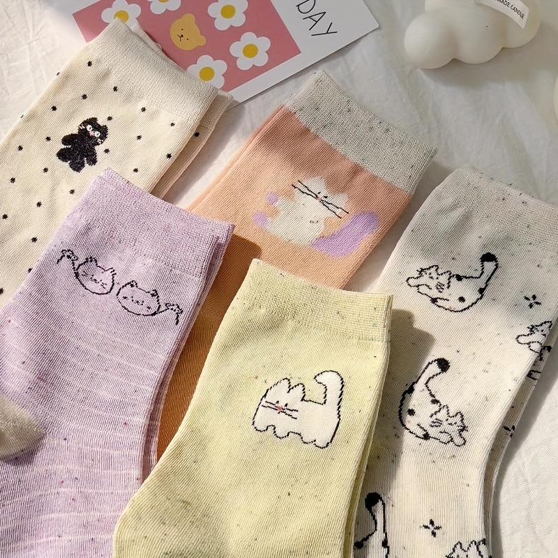 

5 Pairs Cartoon Cat Socks, Cute College Style Mid Tube Socks, Women's Stockings & Hosiery