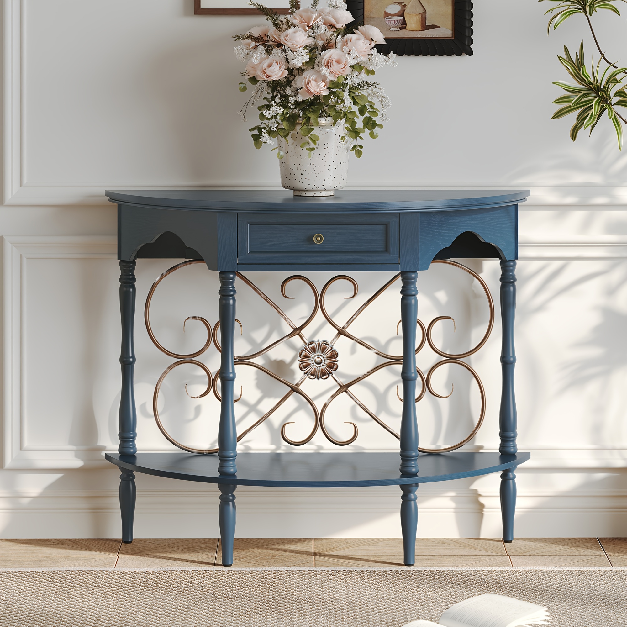 Image of Vintage Half Console Table, Solid Wood Veneer, Quick Assembly, Accent Entryway Table With Drawer, Shelf And Floral Wrought Iron For Living Room, Foyer, Hallway
