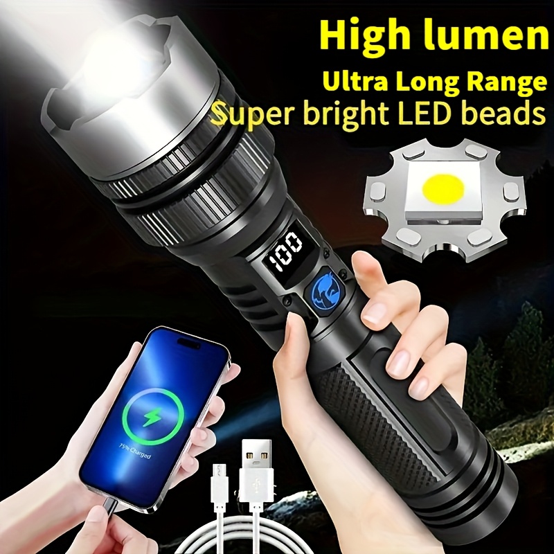 ultrahelle taschenlampe, digitale hochleistungs-taschenlampe aus aluminiumlegierung – usb-wiederaufladbar, ausziehbar, für notbeleuchtung ip66