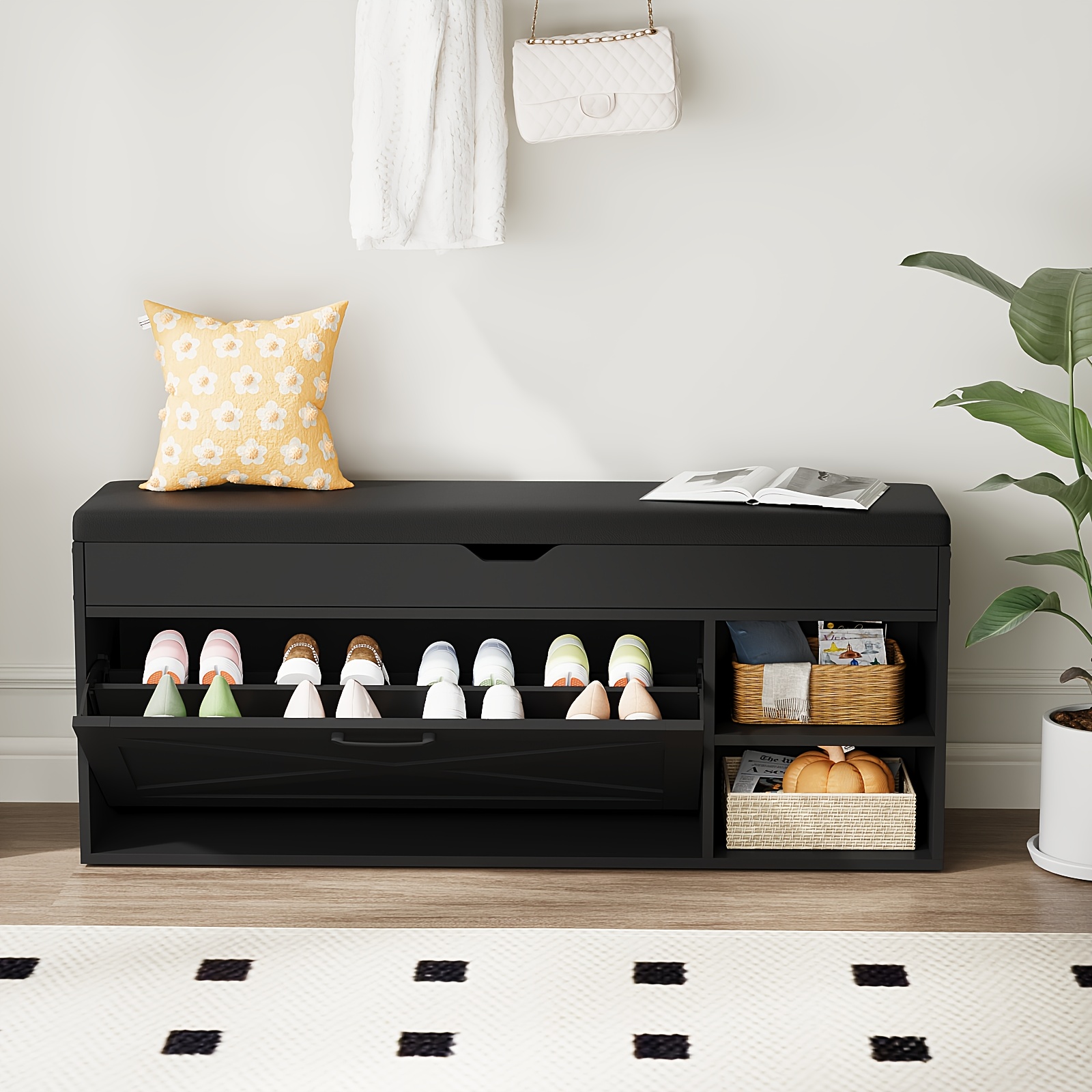 Freestanding Shoe Storage Bench with Hidden Compartment