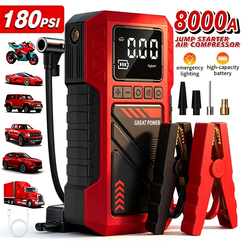 photo de l'article 1 démarreur durgence multifonctionnel robuste |   de pointe 8000a, kit de démarrage durgence automobile robuste 10-en-1 avec pompe à   psi, boîtier de démarrage durgence adapté pour essence 5.0 litres/  101.44 onces, gonfleur de pneu portable