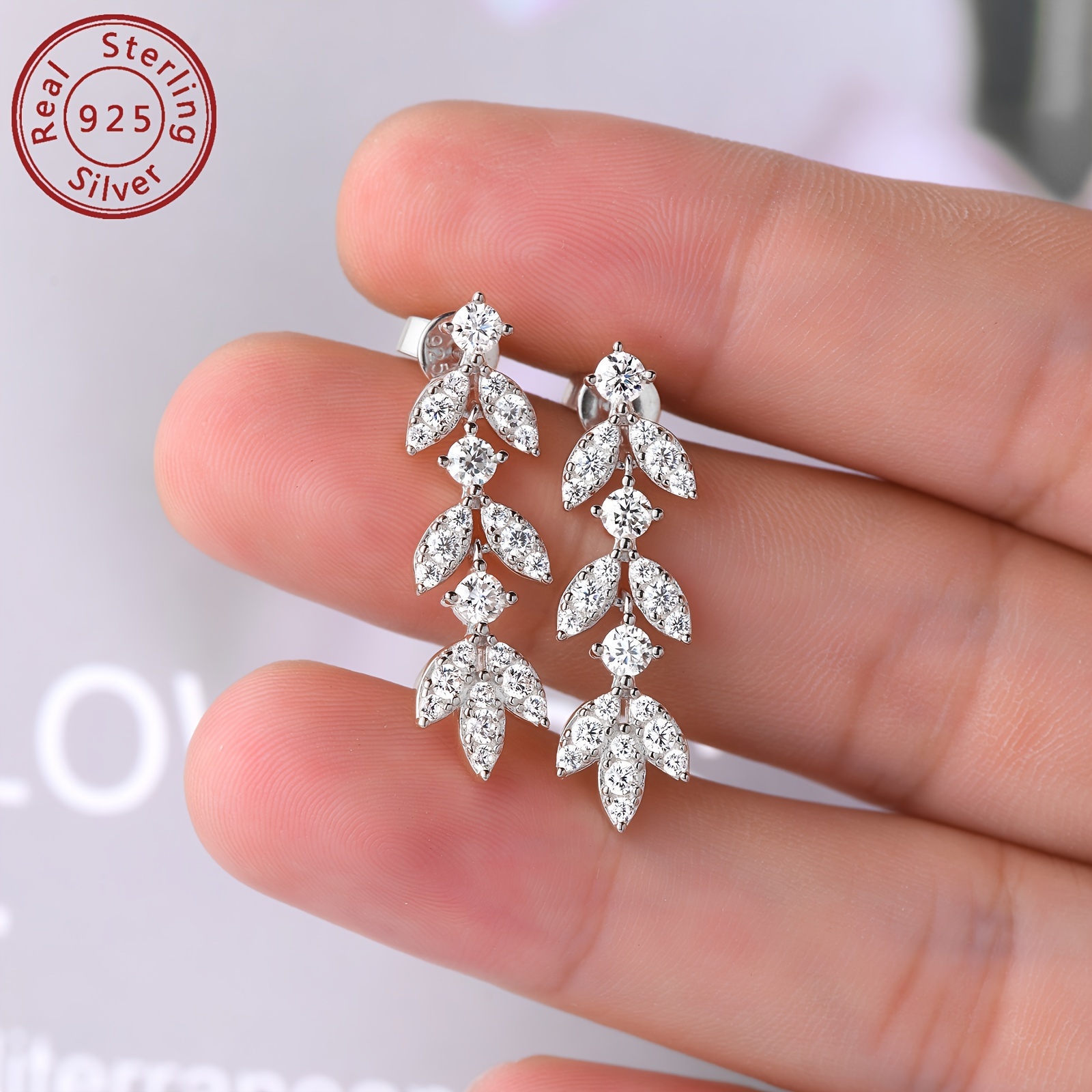 elegant luxury leaf drop dangle earrings 14k golden plated 925 sterling silver with synthetic moissanite april birthstone christmas wedding holiday jewelry gift for women details 5