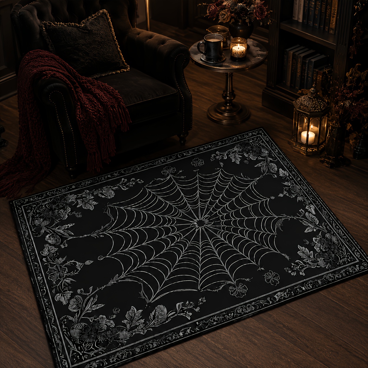 TEMU 1pc Black Rectangular Spiderweb-patterned Rug With Silvery-gray Linear Spiderweb And Vintage Floral Border Decoration. Gothic Dark-style Soft