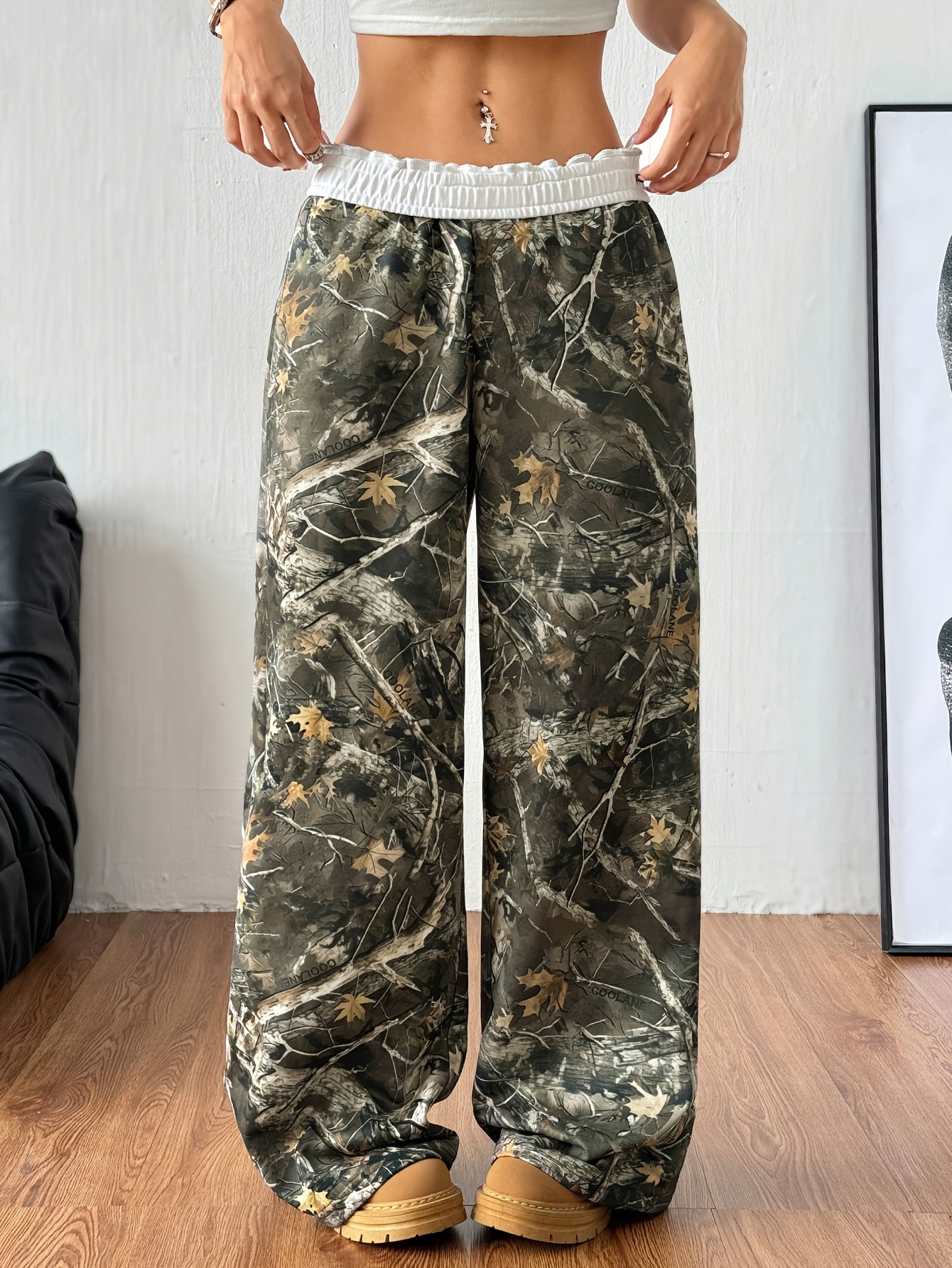 Women's Elegant White Straight-Leg Winter Pants with Branch & Leaf print - Belted Waist, Side Pockets, Machine-Washable Trousers for Fall/Winter Daily Wear, Office & Casual Outfits