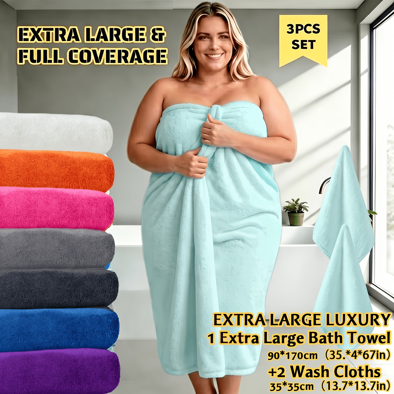 TEMU 3pcs Towel Set, Includes 1pc Extra Largebath Towel (90x170cm) And 2pcs Smalltowel (35x35cm), 3x Faster Absorbent, Fluffy Quick-dry, -perfect