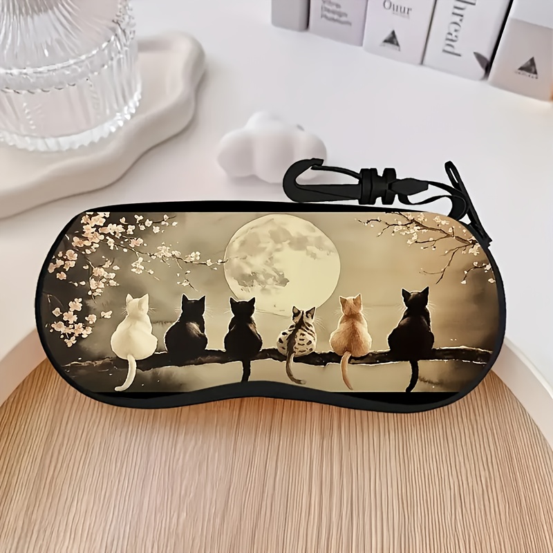 Image of 1pc Vintage Moonlight Cat Pattern Zippered Case, Portable Neoprene Zippered Eyeglass Case, Fits All Types And Sizes Of Glasses, Suitable For Men And Women