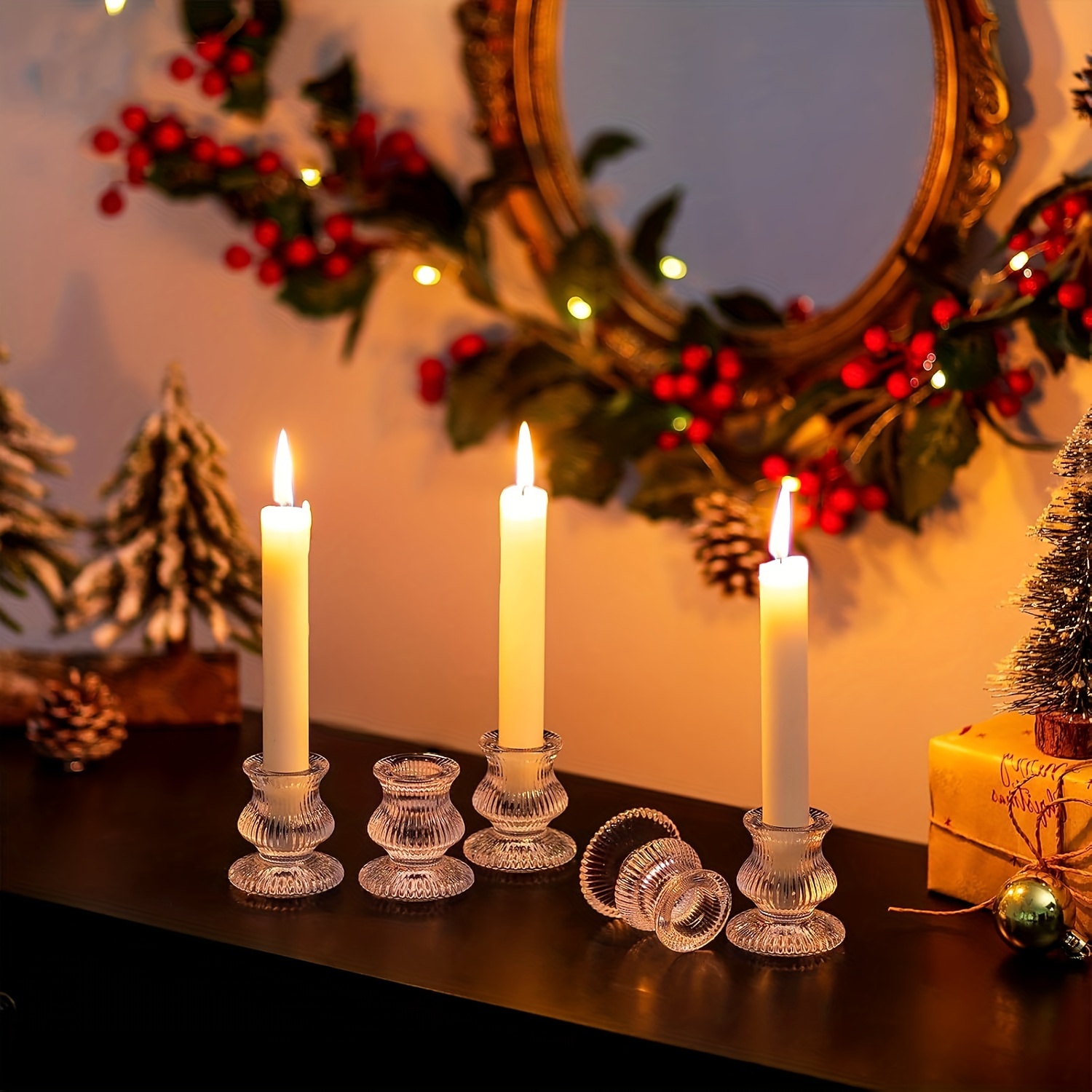 E-shop 10 Stück Elegante Glas-Taper-Kerzenhalter - Klarer Kristall-Ribb-Kerzenhalter für Hochzeiten, Weihnachten, Erntedankfest und Tischdekorationen,