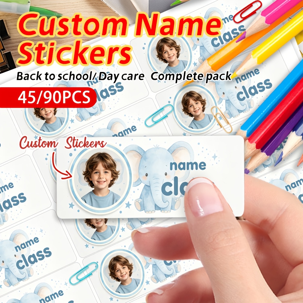 45/90pcs Personalized Watercolor Elephant Name Stickers