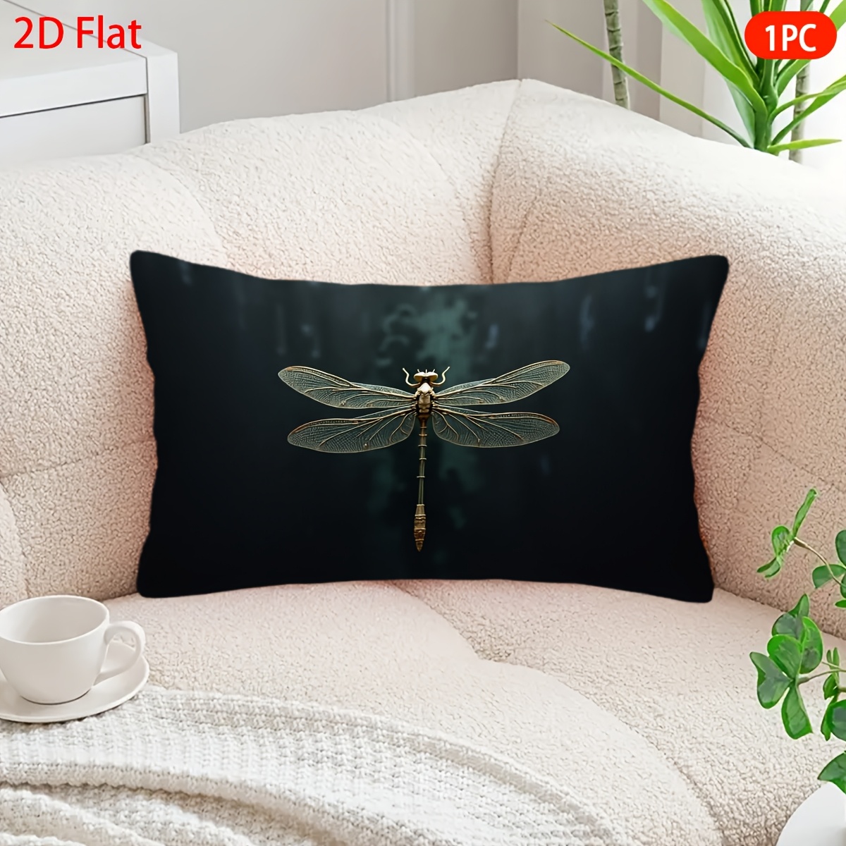 TEMU 2d Flat - 1pc 2d Flat Dragonfly Themed Throw Pillow Cover | Black Background, Double-sided Print, Polyester, Machine Washable, Zipper Closure,