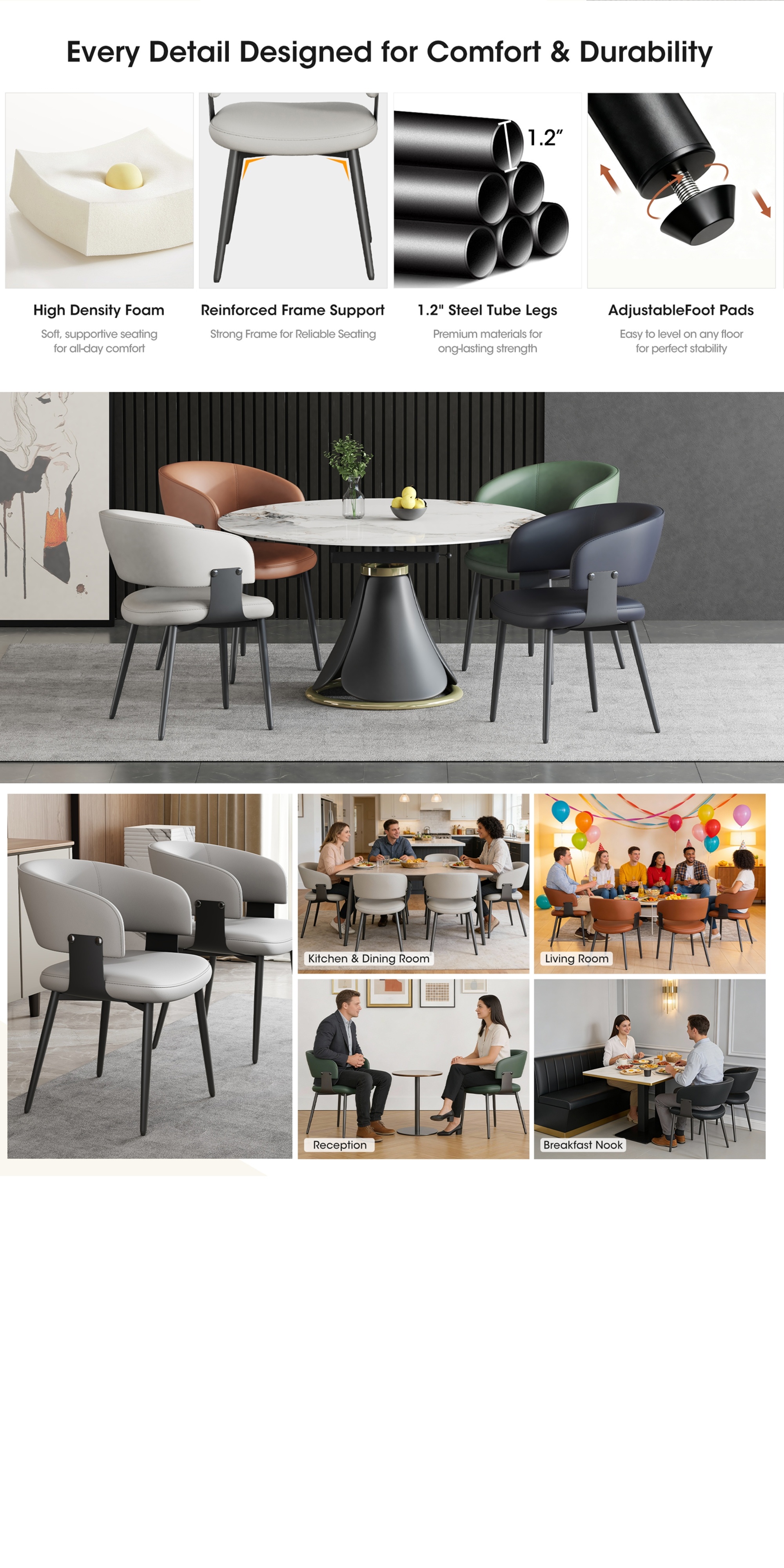 Modern Dining Chairs Set (2pcs), Faux Leather Upholstered Kitchen Chairs, Curved Back, Metal Legs, Mid Century Style, Suitable for Dining Room And Kitchen