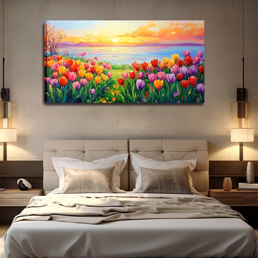 TEMU Quadri a olio incorniciati di grandi dimensioni, 50X100 cm 20X40 pollici, tulipani colorati 2D , poster, dipinti a olio di tendenza, decorazione