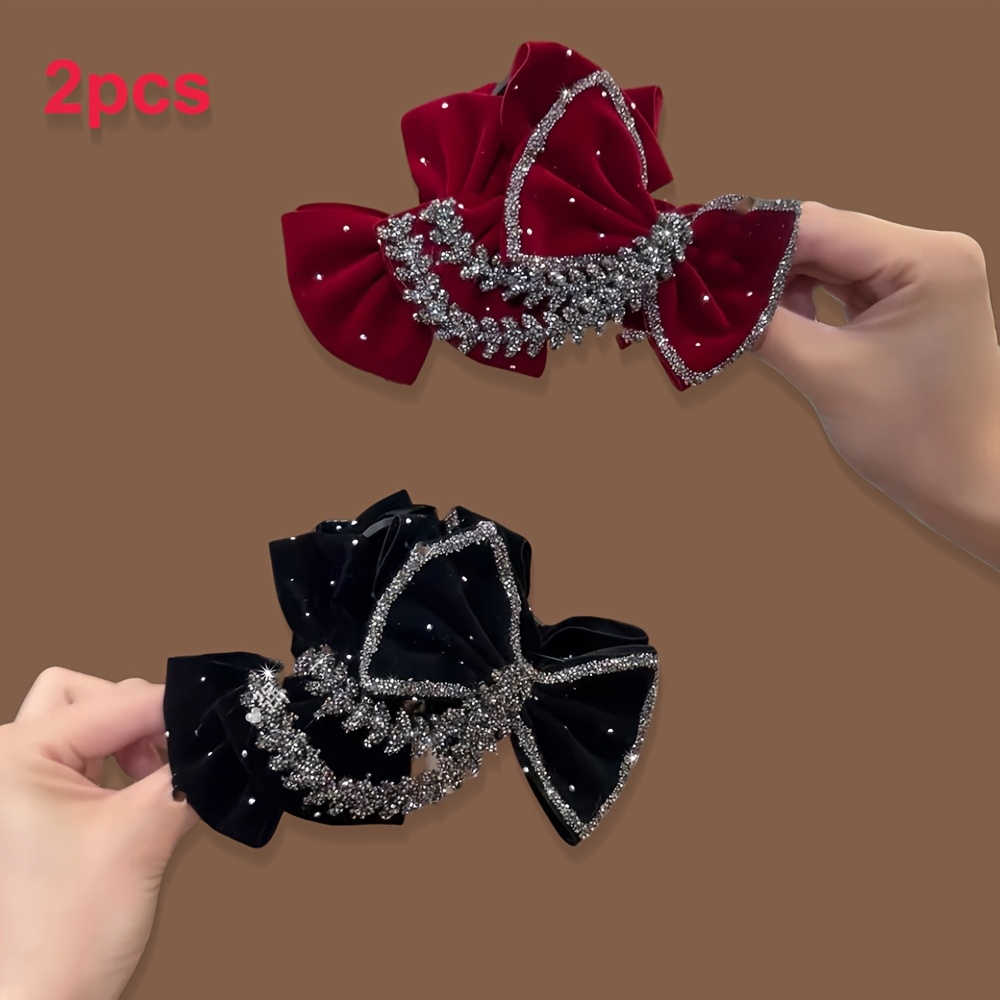 TEMU 2pcs Autumn/winter Velvet Bow Wheat Spike Rhinestone Hair Claw Clip, Women's Vintage Elegant Luxurious Shiny Rhinestone Large Hair Clamp,