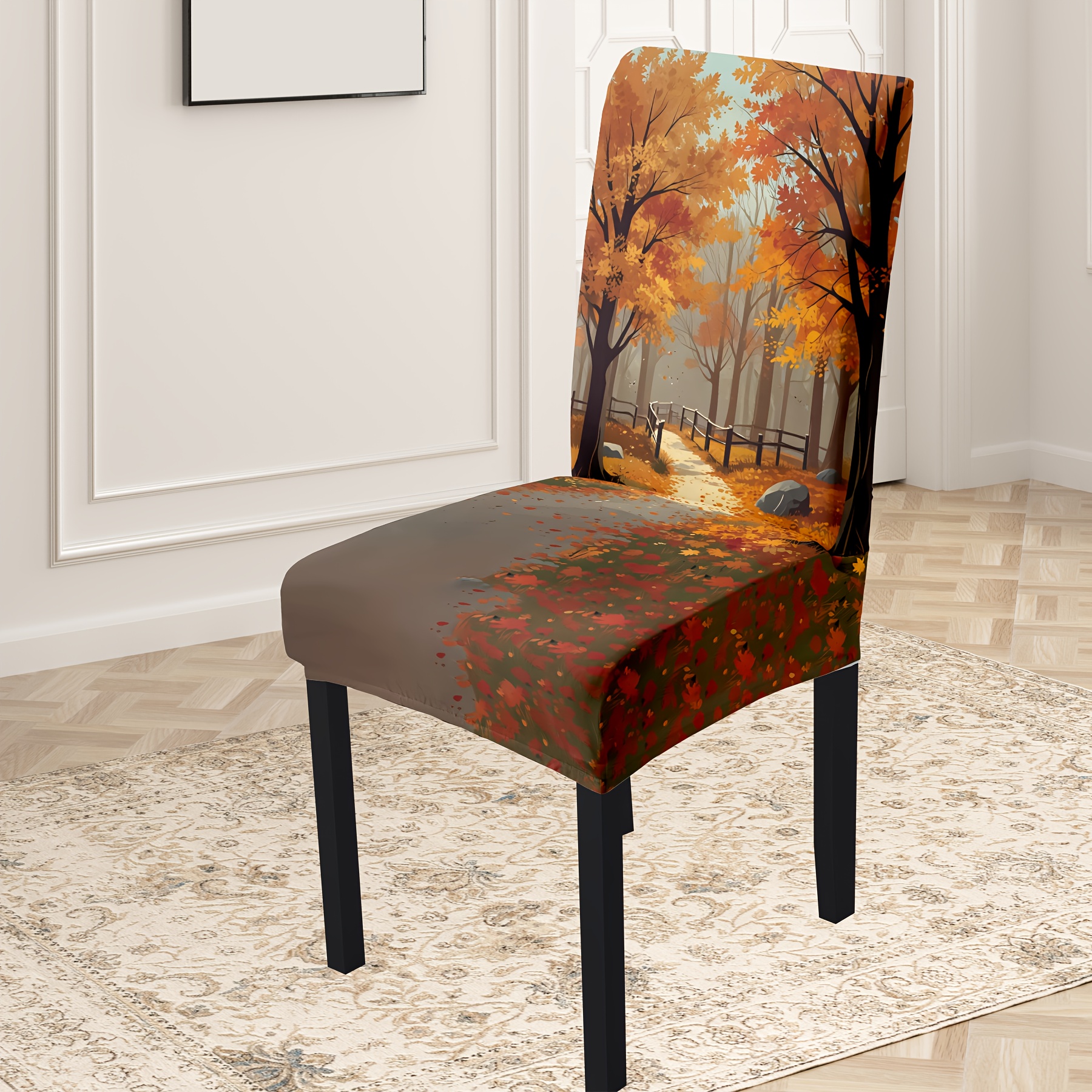 

Autumn Path Print Chair Slipcovers 4pcs/6pcs Set, Classic -band Polyester And Spandex , Machine Washable, Slip-resistant Fabric Chair Covers For Dining Room Home Decor