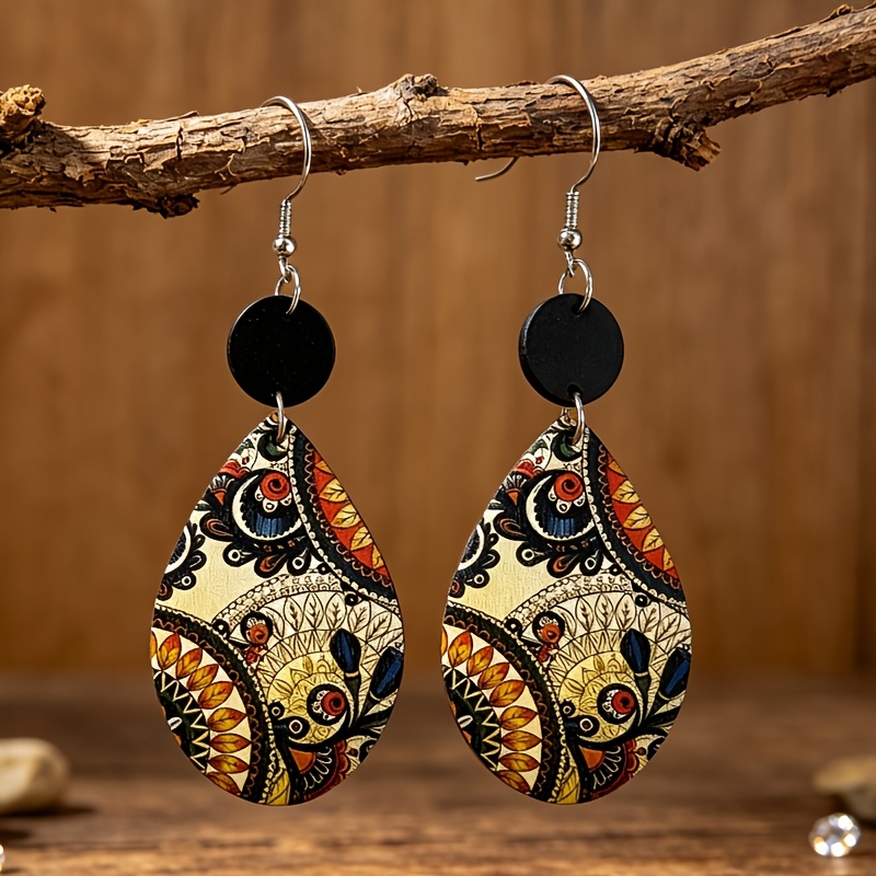 TEMU Une paire de boucles d'oreilles pendantes en bois de style ethnique avec imprimé mandala de et disques ronds noirs pour femme, style bohème